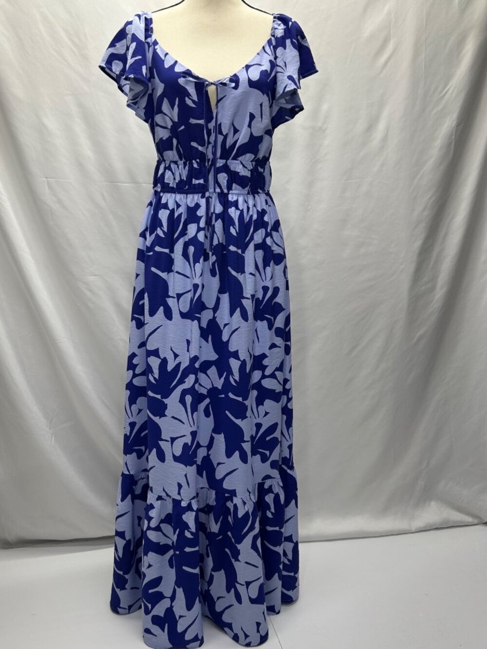 Nine West Blue & White Floral Ruffle Sleeve Maxi Dress With Tie Front Detail Ela - Picture 2 of 16